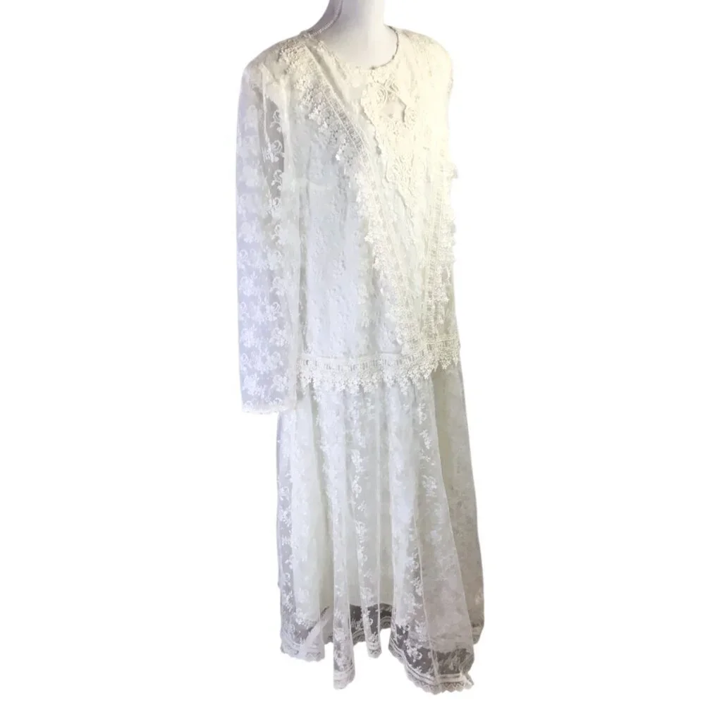 Jessica McClintock Bridal Dress Gown Vintage Lace Drop Waist Size 18W Plus Ivory